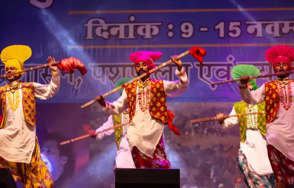 Bikaner, Rajasthan, Hindistan - 14 Ocak 2023: Punjab 'dan bir grup Punjab sanatçısı bikaner deve festivalinde geleneksel renkli elbiseler içinde bhangra dansı yapıyorlar.