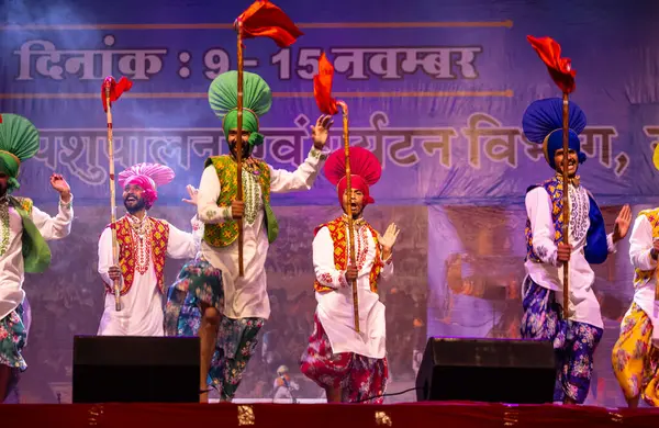 Bikaner, Rajasthan, Hindistan - 14 Ocak 2023: Punjab 'dan bir grup Punjab sanatçısı bikaner deve festivalinde geleneksel renkli elbiseler içinde bhangra dansı yapıyorlar.