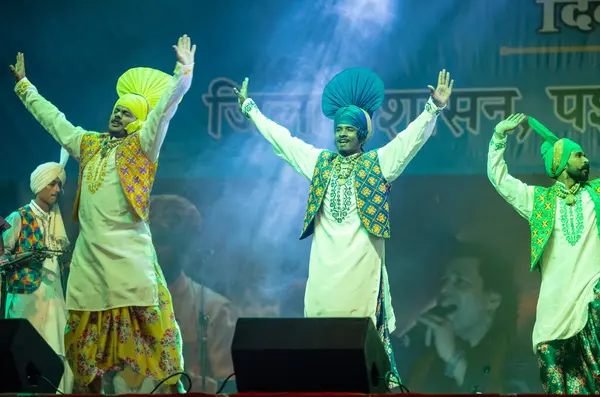 Puşkar, Rajasthan, Hindistan - 11 Kasım 2024: Bhangra, Bhangra grubu, açık hava kültür gecesi renkli etnik elbiseler içinde bhangra dansı yapıyor.