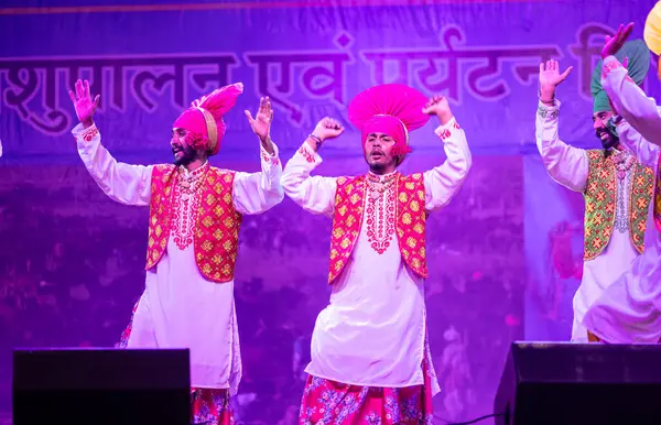 Puşkar, Rajasthan, Hindistan - 11 Kasım 2024: Bhangra, Bhangra grubu, açık hava kültür gecesi renkli etnik elbiseler içinde bhangra dansı yapıyor.