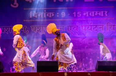 Pushkar, Rajasthan, Hindistan - 11 Kasım 2024: Bhangra, Sih erkek sanatçılar grubu renkli etnik elbiseler içinde bhangra dansı yapıyorlar..