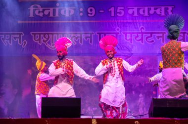 Pushkar, Rajasthan, Hindistan - 11 Kasım 2024: Bhangra, Sih erkek sanatçılar grubu renkli etnik elbiseler içinde bhangra dansı yapıyorlar..