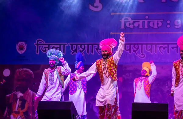 Pushkar, Rajasthan, Hindistan - 11 Kasım 2024: Bhangra, Sih erkek sanatçılar grubu renkli etnik elbiseler içinde bhangra dansı yapıyorlar..