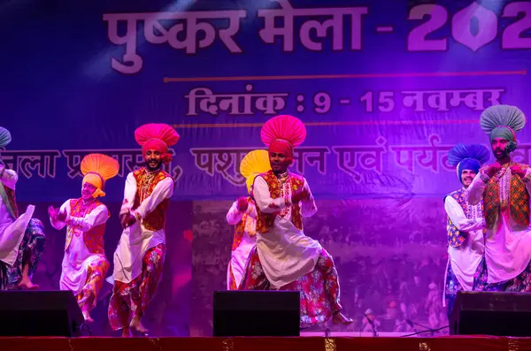 Pushkar, Rajasthan, Hindistan - 11 Kasım 2024: Bhangra, Sih erkek sanatçılar grubu renkli etnik elbiseler içinde bhangra dansı yapıyorlar..