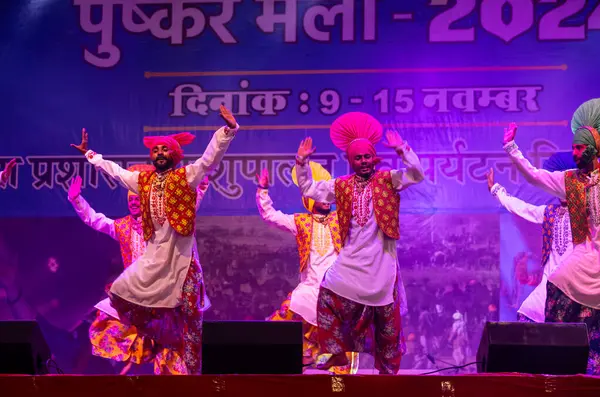 Pushkar, Rajasthan, Hindistan - 11 Kasım 2024: Bhangra, Sih erkek sanatçılar grubu renkli etnik elbiseler içinde bhangra dansı yapıyorlar..
