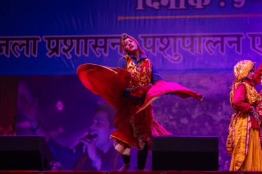 Puşkar, Rajasthan, Hindistan - 11 Kasım 2024: Bhangra, Bhangra grubu, açık hava kültür gecesi renkli etnik elbiseler içinde bhangra dansı yapıyor.