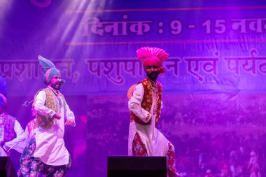 Puşkar, Rajasthan, Hindistan - 11 Kasım 2024: Bhangra, Bhangra grubu, açık hava kültür gecesi renkli etnik elbiseler içinde bhangra dansı yapıyor.