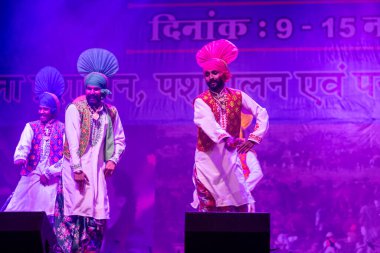 Puşkar, Rajasthan, Hindistan - 11 Kasım 2024: Bhangra, Bhangra grubu, açık hava kültür gecesi renkli etnik elbiseler içinde bhangra dansı yapıyor.