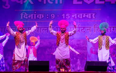 Puşkar, Rajasthan, Hindistan - 11 Kasım 2024: Bhangra, Bhangra grubu, açık hava kültür gecesi renkli etnik elbiseler içinde bhangra dansı yapıyor.