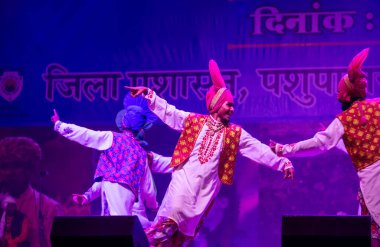 Puşkar, Rajasthan, Hindistan - 11 Kasım 2024: Bhangra, Bhangra grubu, açık hava kültür gecesi renkli etnik elbiseler içinde bhangra dansı yapıyor.