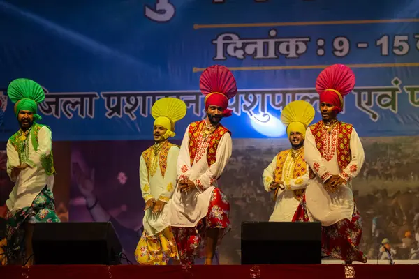 Puşkar, Rajasthan, Hindistan - 11 Kasım 2024: Bhangra, Bhangra grubu, açık hava kültür gecesi renkli etnik elbiseler içinde bhangra dansı yapıyor.