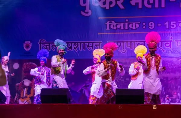 Puşkar, Rajasthan, Hindistan - 11 Kasım 2024: Bhangra, Bhangra grubu, açık hava kültür gecesi renkli etnik elbiseler içinde bhangra dansı yapıyor.