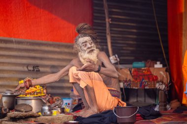 Prayagraj, Uttar Pradesh, Hindistan - 13 Ocak 2025: Mahakumbh, Kutsal erkek naga sadhu baba 'nın Sangam' daki kutsal nehir kenevirine ibadet etmek için Pagraj 'da maha kumbh mela' ya katılan portresi.