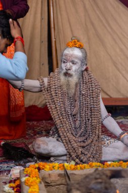 Prayagraj, Uttar Pradesh, Hindistan - 13 Ocak 2025: Mahakumbh, Kutsal erkek naga sadhu baba 'nın Sangam' daki kutsal nehir kenevirine ibadet etmek için Pagraj 'da maha kumbh mela' ya katılan portresi.