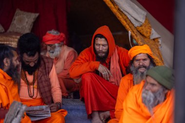 Prayagraj, Uttar Pradesh, Hindistan - 13 Ocak 2025: Mahakumbh, Kutsal erkek naga sadhu baba 'nın Sangam' daki kutsal nehir kenevirine ibadet etmek için Pagraj 'da maha kumbh mela' ya katılan portresi.