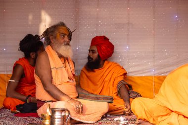 Prayagraj, Uttar Pradesh, Hindistan - 13 Ocak 2025: Mahakumbh, Kutsal erkek naga sadhu baba 'nın Sangam' daki kutsal nehir kenevirine ibadet etmek için Pagraj 'da maha kumbh mela' ya katılan portresi.