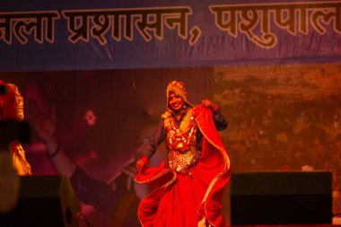 Puşkar, Rajasthan, Hindistan - 11 Kasım 2024: Bhangra, Bhangra grubu, açık hava kültür gecesi renkli etnik elbiseler içinde bhangra dansı yapıyor.