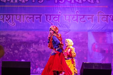 Puşkar, Rajasthan, Hindistan - 11 Kasım 2024: Bhangra, Bhangra grubu, açık hava kültür gecesi renkli etnik elbiseler içinde bhangra dansı yapıyor.