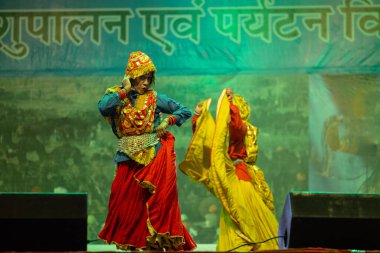 Puşkar, Rajasthan, Hindistan - 11 Kasım 2024: Bhangra, Bhangra grubu, açık hava kültür gecesi renkli etnik elbiseler içinde bhangra dansı yapıyor.