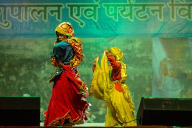 Puşkar, Rajasthan, Hindistan - 11 Kasım 2024: Bhangra, Bhangra grubu, açık hava kültür gecesi renkli etnik elbiseler içinde bhangra dansı yapıyor.