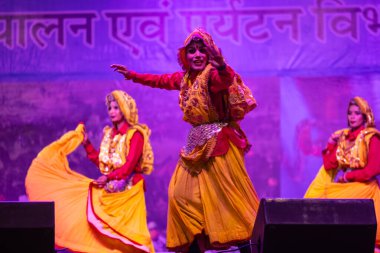 Puşkar, Rajasthan, Hindistan - 11 Kasım 2024: Bhangra, Bhangra grubu, açık hava kültür gecesi renkli etnik elbiseler içinde bhangra dansı yapıyor.