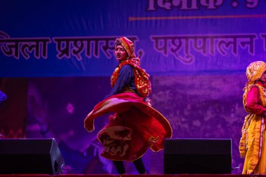 Pushkar, Rajasthan, Hindistan - 11 Kasım 2024: Bhangra, Sih erkek sanatçılar grubu renkli etnik elbiseler içinde bhangra dansı yapıyorlar..