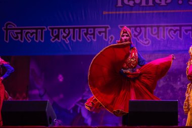 Pushkar, Rajasthan, Hindistan - 11 Kasım 2024: Bhangra, Sih erkek sanatçılar grubu renkli etnik elbiseler içinde bhangra dansı yapıyorlar..