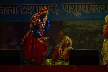 Pushkar, Rajasthan, Hindistan - 11 Kasım 2024: Bhangra, Sih erkek sanatçılar grubu renkli etnik elbiseler içinde bhangra dansı yapıyorlar..