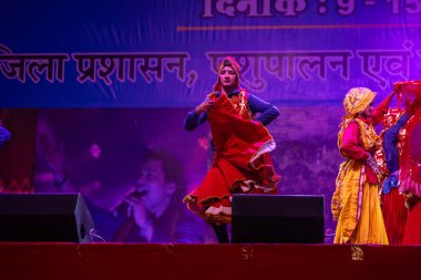 Pushkar, Rajasthan, Hindistan - 11 Kasım 2024: Bhangra, Sih erkek sanatçılar grubu renkli etnik elbiseler içinde bhangra dansı yapıyorlar..