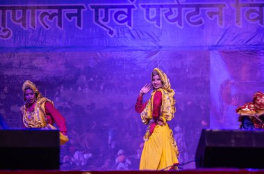 Puşkar, Rajasthan, Hindistan - 11 Kasım 2024: Bhangra, Bhangra grubu, açık hava kültür gecesi renkli etnik elbiseler içinde bhangra dansı yapıyor.