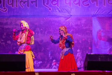 Pushkar, Rajasthan, Hindistan - 11 Kasım 2024: Bhangra, Sih erkek sanatçılar grubu renkli etnik elbiseler içinde bhangra dansı yapıyorlar..