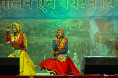 Pushkar, Rajasthan, Hindistan - 11 Kasım 2024: Bhangra, Sih erkek sanatçılar grubu renkli etnik elbiseler içinde bhangra dansı yapıyorlar..