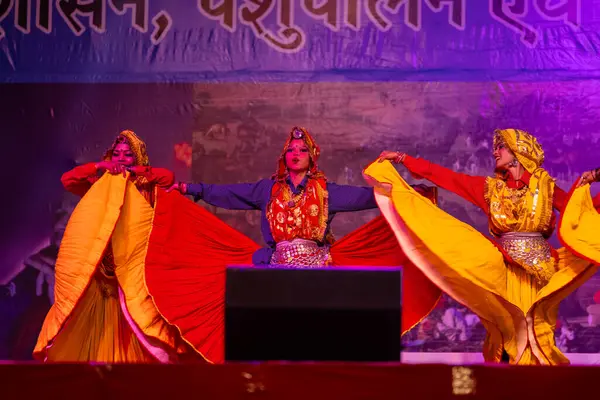 Pushkar, Rajasthan, Hindistan - 11 Kasım 2024: Bhangra, Sih erkek sanatçılar grubu renkli etnik elbiseler içinde bhangra dansı yapıyorlar..