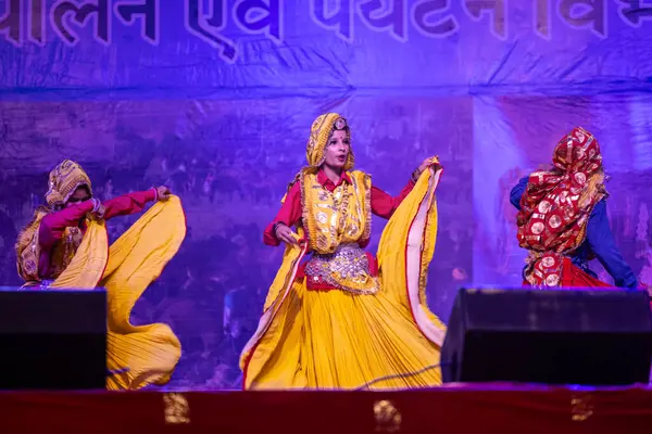 Puşkar, Rajasthan, Hindistan - 11 Kasım 2024: Bhangra, Bhangra grubu, açık hava kültür gecesi renkli etnik elbiseler içinde bhangra dansı yapıyor.