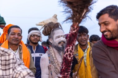 Prayagraj, Uttar Pradesh, Hindistan - 13 Ocak 2025: Mahakumbh, Kutsal erkek naga sadhu baba 'nın Sangam' daki kutsal nehir kenevirine ibadet etmek için Pagraj 'da maha kumbh mela' ya katılan portresi.