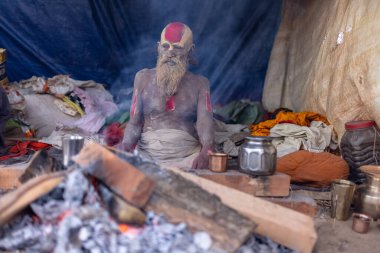 Prayagraj, Uttar Pradesh, Hindistan - 13 Ocak 2025: Mahakumbh, Kutsal erkek naga sadhu baba 'nın Sangam' daki kutsal nehir kenevirine ibadet etmek için Pagraj 'da maha kumbh mela' ya katılan portresi.