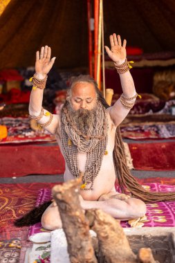 Prayagraj, Uttar Pradesh, Hindistan - 13 Ocak 2025: Mahakumbh, Kutsal erkek naga sadhu baba 'nın Sangam' daki kutsal nehir kenevirine ibadet etmek için Pagraj 'da maha kumbh mela' ya katılan portresi.
