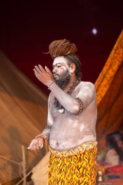 Prayagraj, Uttar Pradesh, Hindistan - 13 Ocak 2025: Mahakumbh, Kutsal erkek naga sadhu baba 'nın Sangam' daki kutsal nehir kenevirine ibadet etmek için Pagraj 'da maha kumbh mela' ya katılan portresi.