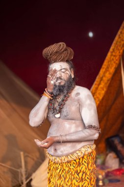 Prayagraj, Uttar Pradesh, Hindistan - 13 Ocak 2025: Mahakumbh, Kutsal erkek naga sadhu baba 'nın Sangam' daki kutsal nehir kenevirine ibadet etmek için Pagraj 'da maha kumbh mela' ya katılan portresi.