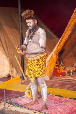 Prayagraj, Uttar Pradesh, Hindistan - 13 Ocak 2025: Mahakumbh, Kutsal erkek naga sadhu baba 'nın Sangam' daki kutsal nehir kenevirine ibadet etmek için Pagraj 'da maha kumbh mela' ya katılan portresi.