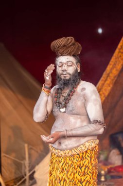 Prayagraj, Uttar Pradesh, Hindistan - 13 Ocak 2025: Mahakumbh, Kutsal erkek naga sadhu baba 'nın Sangam' daki kutsal nehir kenevirine ibadet etmek için Pagraj 'da maha kumbh mela' ya katılan portresi.
