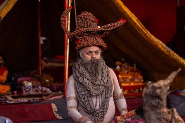 Prayagraj, Uttar Pradesh, Hindistan - 13 Ocak 2025: Mahakumbh, Kutsal erkek naga sadhu baba 'nın Sangam' daki kutsal nehir kenevirine ibadet etmek için Pagraj 'da maha kumbh mela' ya katılan portresi.