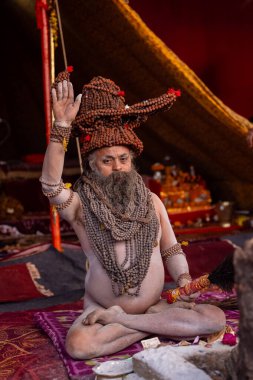 Prayagraj, Uttar Pradesh, Hindistan - 13 Ocak 2025: Mahakumbh, Kutsal erkek naga sadhu baba 'nın Sangam' daki kutsal nehir kenevirine ibadet etmek için Pagraj 'da maha kumbh mela' ya katılan portresi.