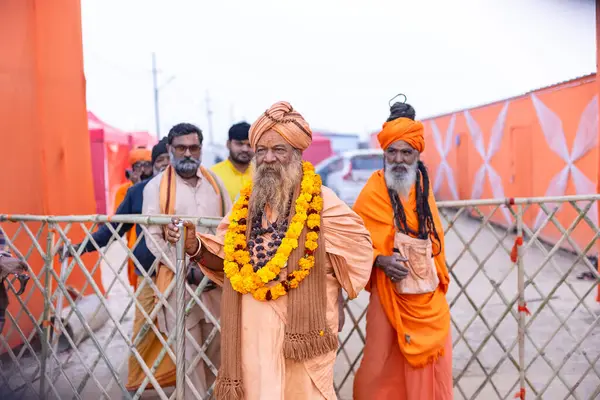 Prayagraj, Uttar Pradesh, Hindistan - 13 Ocak 2025: Mahakumbh, Kutsal erkek naga sadhu baba 'nın Sangam' daki kutsal nehir kenevirine ibadet etmek için Pagraj 'da maha kumbh mela' ya katılan portresi.