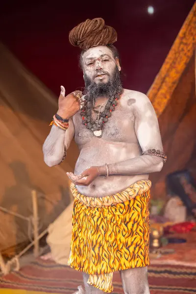 Prayagraj, Uttar Pradesh, Hindistan - 13 Ocak 2025: Mahakumbh, Kutsal erkek naga sadhu baba 'nın Sangam' daki kutsal nehir kenevirine ibadet etmek için Pagraj 'da maha kumbh mela' ya katılan portresi.