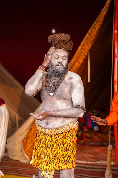 Prayagraj, Uttar Pradesh, Hindistan - 13 Ocak 2025: Mahakumbh, Kutsal erkek naga sadhu baba 'nın Sangam' daki kutsal nehir kenevirine ibadet etmek için Pagraj 'da maha kumbh mela' ya katılan portresi.