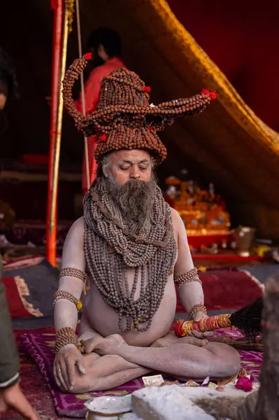 Prayagraj, Uttar Pradesh, Hindistan - 13 Ocak 2025: Mahakumbh, Kutsal erkek naga sadhu baba 'nın Sangam' daki kutsal nehir kenevirine ibadet etmek için Pagraj 'da maha kumbh mela' ya katılan portresi.