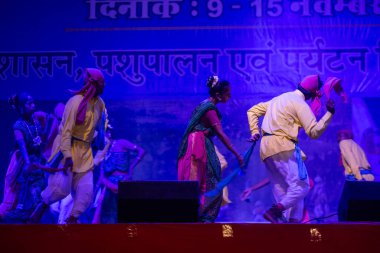 Pushkar, Rajasthan, Hindistan - 11 Kasım 2024: Bhangra, Sih erkek sanatçılar grubu renkli etnik elbiseler içinde bhangra dansı yapıyorlar..