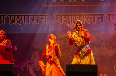 Pushkar, Rajasthan, Hindistan - 11 Kasım 2024: Bhangra, Sih erkek sanatçılar grubu renkli etnik elbiseler içinde bhangra dansı yapıyorlar..