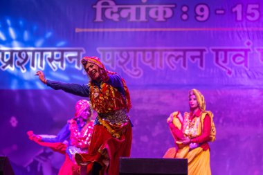 Pushkar, Rajasthan, Hindistan - 11 Kasım 2024: Bhangra, Sih erkek sanatçılar grubu renkli etnik elbiseler içinde bhangra dansı yapıyorlar..